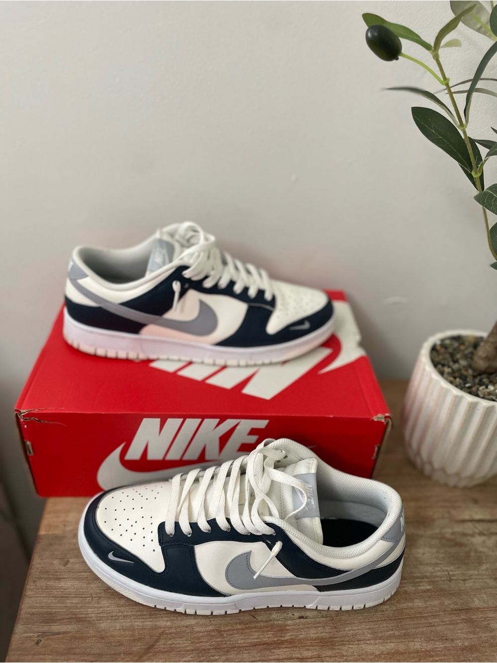 Nike Kids Low-Top Sneakers in White, Navy, and Gray